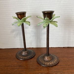 Cottage Tropical Brass (2) Palm Tree Florida Beach Candlesticks Pair